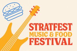 Stratfest 2025 festival logo for music and food event in Stratford-upon-Avon, Warwickshire