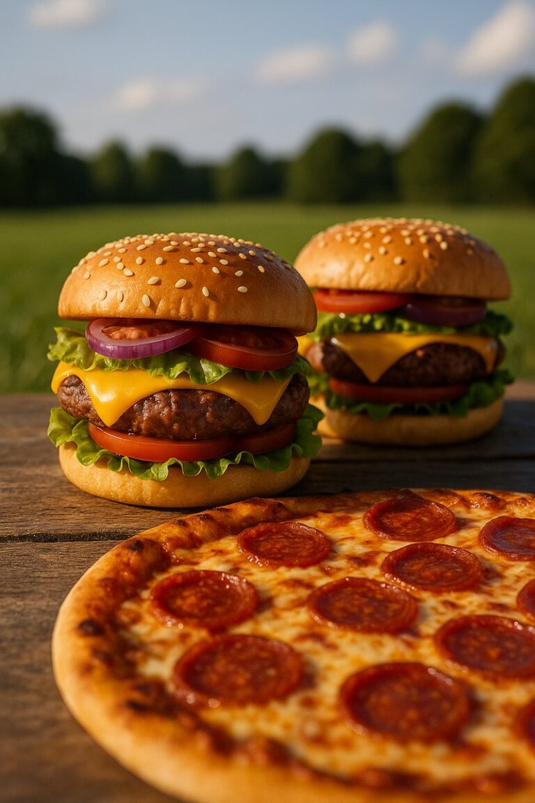 Festival food at Stratfest 2025 featuring burgers and pepperoni pizza in a countryside setting